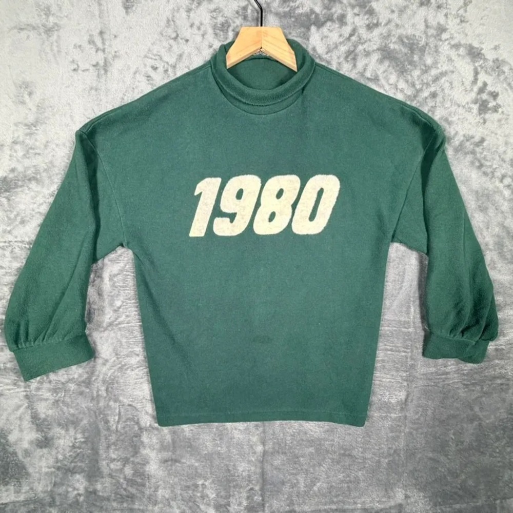 Zara Trafaluc Womens Turtleneck‎ Sweatshirt S Green 1980 Graphic Pullover